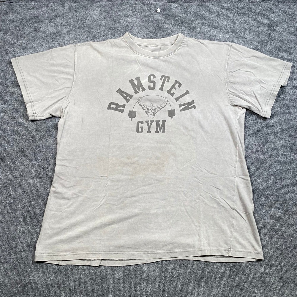 Ramstein Gym Graphic T-Shirt Mens XL Faded Grey Mineral Wash Bodybuilding Tee